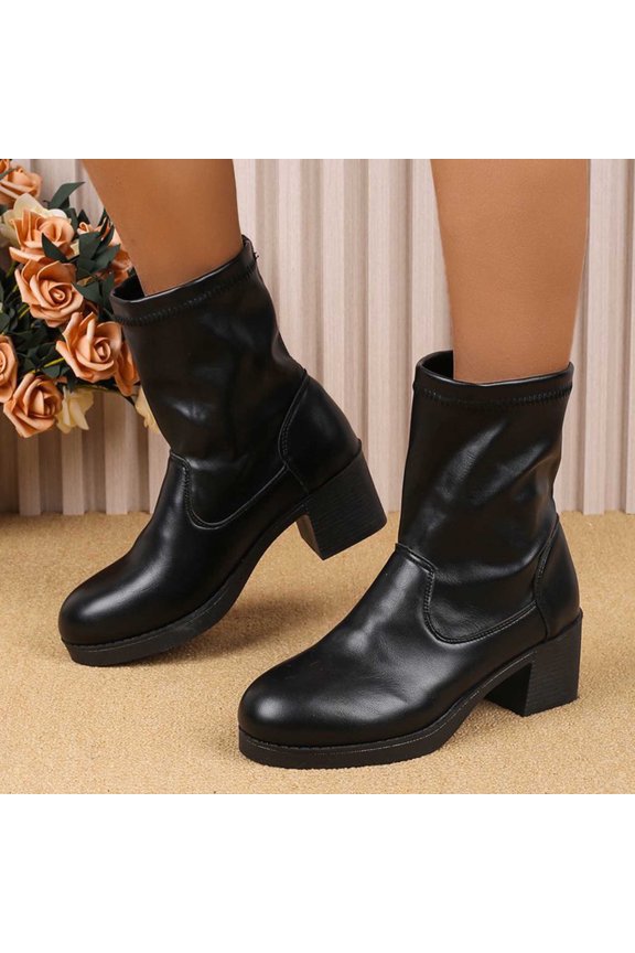 Women's Mid Calf Boot Chunky Block Heel Ankle Booties Round Toe Ankle Boots Fashion Short Boots Black 41