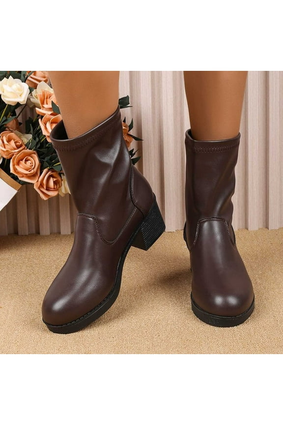 Women's Mid Calf Boot Chunky Block Heel Ankle Booties Round Toe Ankle Boots Fashion Short Boots Brown 36