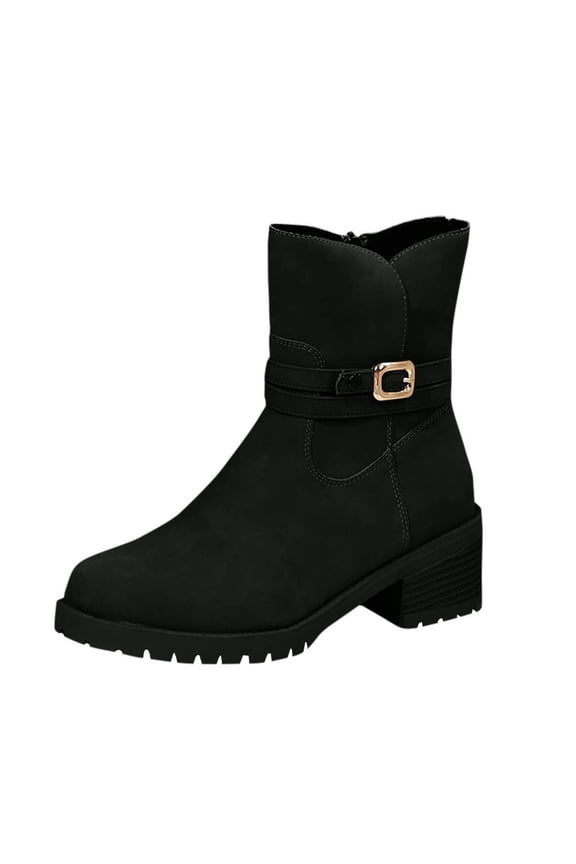 Women's Mid Calf Boots Slouchy Riding Combat Low Heel Fur Lined Winter Zipper Booties Black 39