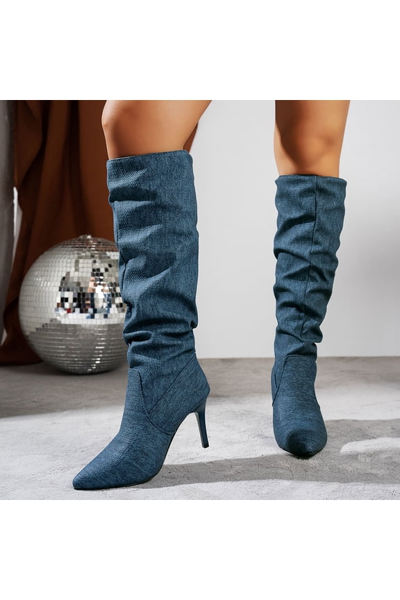Women's Mid Calf Slouchy Boots Suede High Heel Slip-on Stiletto Fashion Pointed Toe Booties Navy 42
