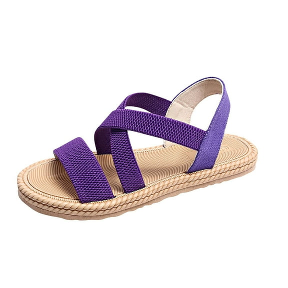 Tao Tao Women's Open Toe Elastic Ankle Strap Flat Sandals Summer Shoes Non Slip Beach Sandal Shoes Weaving Sandals Purple 37