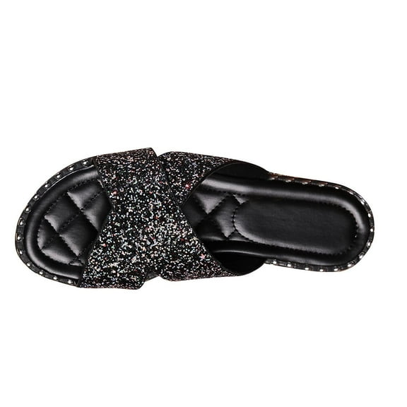 Tao Tao Women's Open Toe Flat Sandals Rhinestone Glitter On Casual Fashion Slippers Quick Drying Indoor & Outdoor Slides Black 37