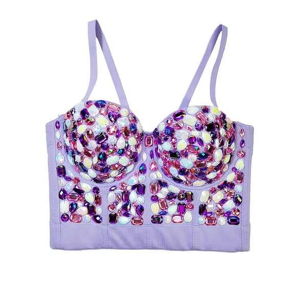 Tao Tao Women's Rhinestone Bustier Crop Top Club Party Glitter Corset Top Bra Purple M