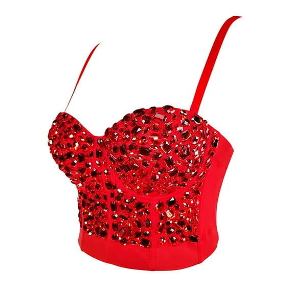 Tao Tao Women's Rhinestone Bustier Crop Top Club Party Glitter Corset Top Bra Red XL