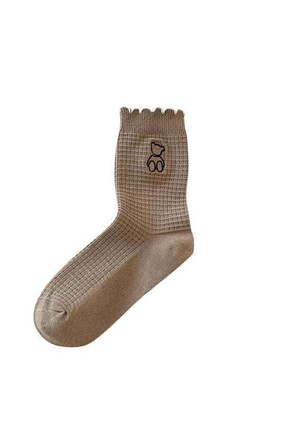 Women's Ruffle Frilly Rib Knit Crew Socks Floral Embroidery Scalloped Pointelle Casual Ankle Socks Khaki Free Size