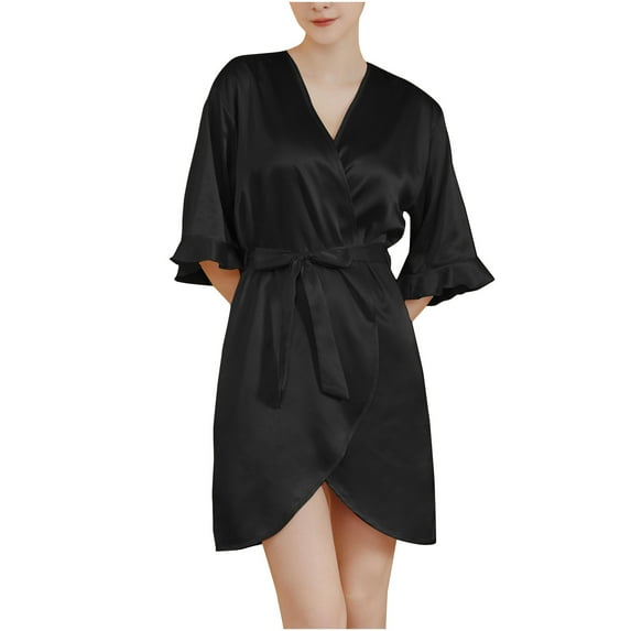 Tao Tao Women's Satin Robe Valentines Underclothes for Women Kimono Bathrobe Short Ruffle Belted Robes Bridesmaids Sleepwear Black L