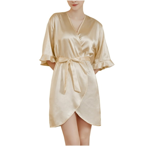 Tao Tao Women's Satin Robe Valentines Underclothes for Women Kimono Bathrobe Short Ruffle Belted Robes Bridesmaids Sleepwear Gold M