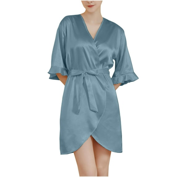 Tao Tao Women's Satin Robe Valentines Underclothes for Women Kimono Bathrobe Short Ruffle Belted Robes Bridesmaids Sleepwear Green L