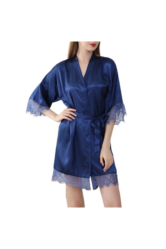 Women's Satin Robes 3/4 Sleeve Lace Trim Belted Robe Bride Bridesmaid Nightgown Elegant Bridal Comfy Kimono Bathrobe Blue 2XL