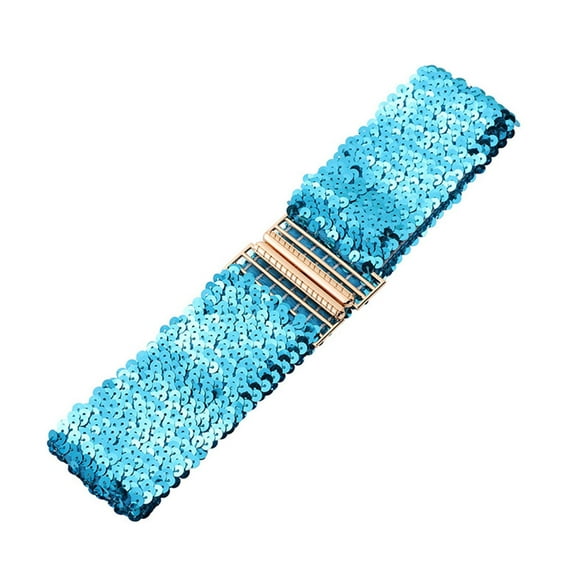 Tao Tao Women's Sequin Belt Solid Color Sequin Belt Dress Waistband Elastic Gold Alloy Buckle Belt Shaping Belt Light Blue
