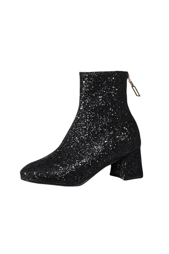 Women's Sequins Glitter Chunky Heel Ankle Boots Sparkly Wedding Bridal Party Dress Shoes Block Mid Heels Side Zipper Booties Black 41