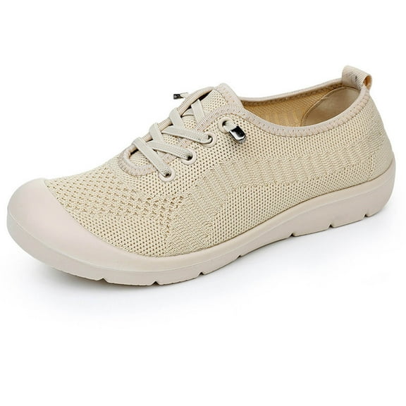 Tao Tao Women's Shoes Lightweight Breathable New Slip-On Shoes Casual Non-Slip Mother Hiking Shoes Flying Woven Soft-Soled Shoes Beige 37