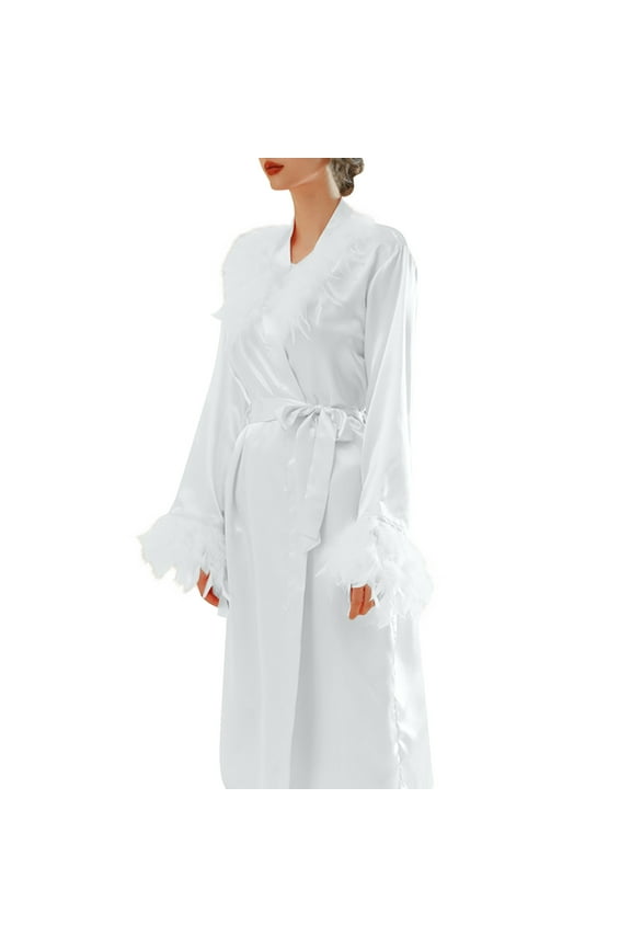 Women's Silk Satin Kimono Bridal Robe with Ostrich Feather Long Bathrobe Bridesmaid Party Sleepwear White 2XL