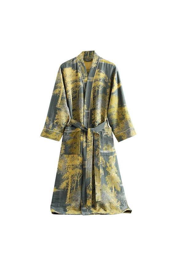 Women's V Neck Double Layer Gauze Long Sleeve With Pocket Belt Bathrobe Japanese Style Kimono Bathrobe Pyjamas Yukata Green M