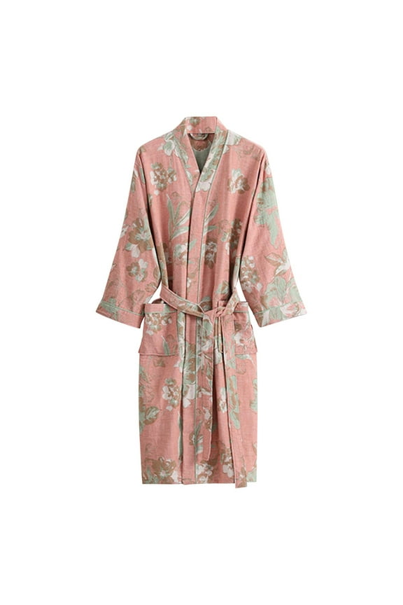 Women's V Neck Double Layer Gauze Long Sleeve With Pocket Belt Bathrobe Japanese Style Kimono Bathrobe Pyjamas Yukata Pink L