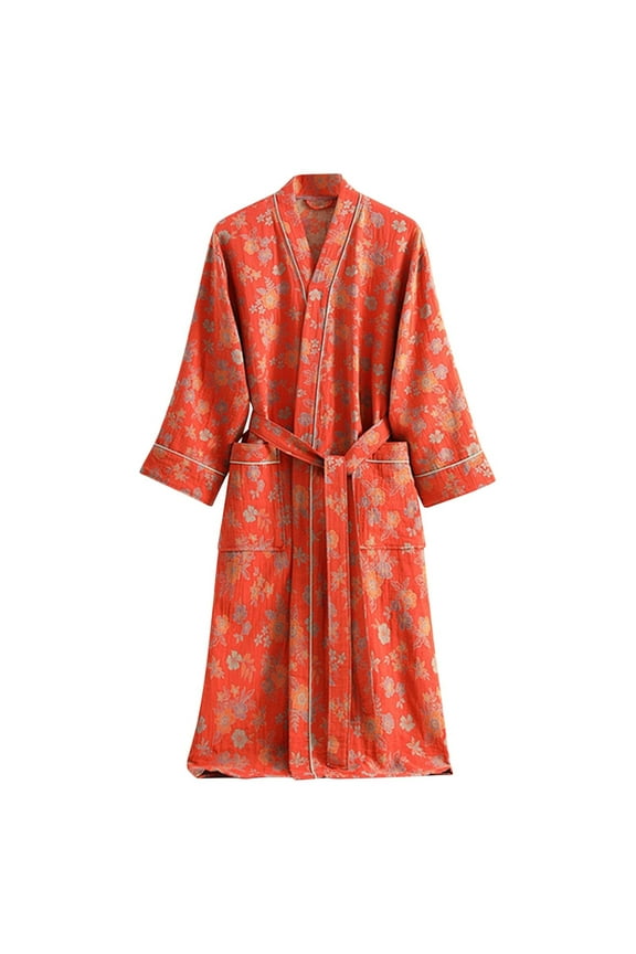 Women's V Neck Double Layer Gauze Long Sleeve With Pocket Belt Bathrobe Japanese Style Kimono Bathrobe Pyjamas Yukata Red XL