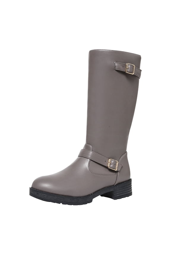 Women's VIP Mid Shaft Boots Calf Slip-On Low Chunky Block Heel Square Toe Fashion Buckles Boots Gray 41