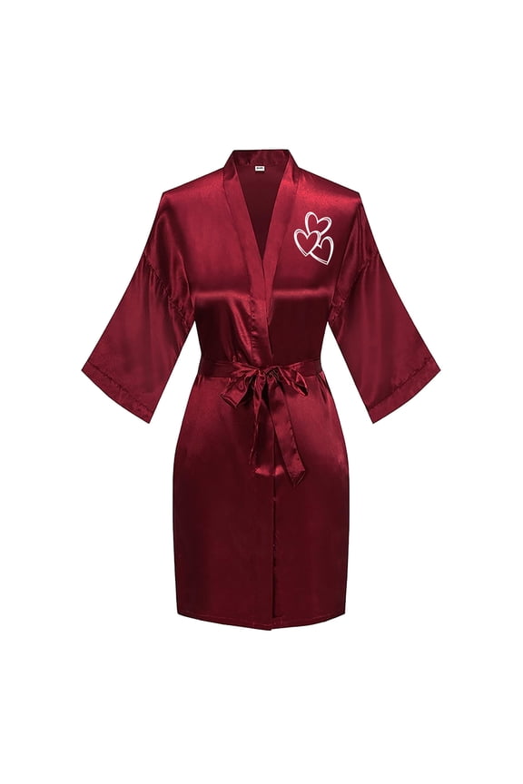 Women's Valentine's Day Silk Satin Robes Heart Print Bridesmaid Robes Short Bath Robe Fashion Nightgown 3/4 Sleeve Mini Bathrobes Sleepwear Red XL