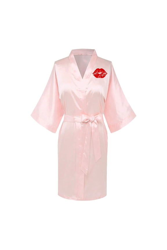 Women's Valentine's Day Silk Satin Robes Print Bridesmaid Robes Short Bath Robe Fashion Nightgown 3/4 Sleeve Mini Bathrobes Sleepwear Pink 2XL