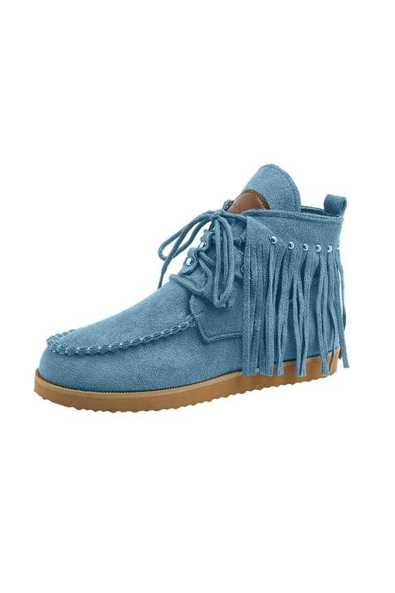 Women's Vintage Cowboy Fringed Ankle Boots,Lightweight Comfy Suede High Top Round Toe Hippie Moccasin Short Booties Light Blue 37