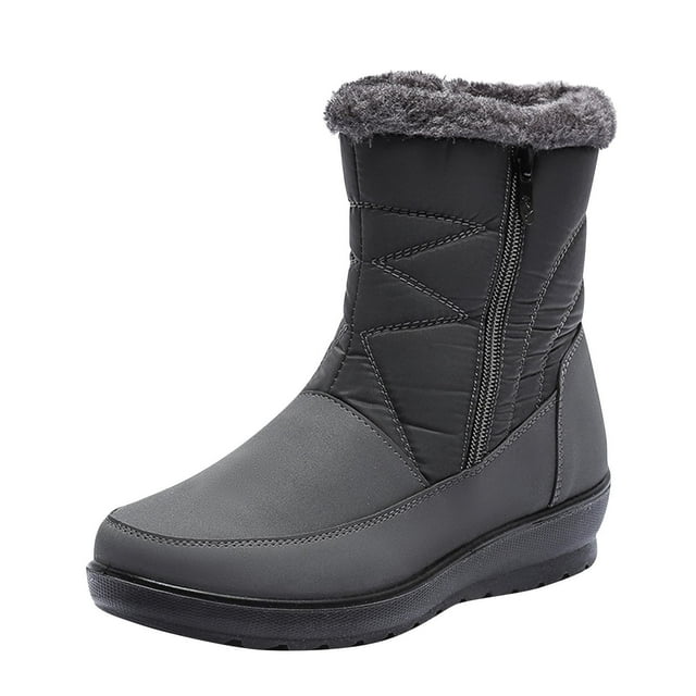Tao Tao Women's Warm Fur Lining Winter Snow Boots with Side Zipper Lightweight Non-Slip Thickening Outdoor Flat Boots for Cold Weather Gray 37