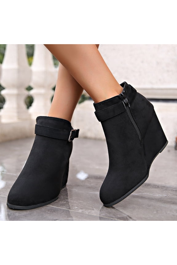 Women's Wedge Ankle Boots Fall Low Heel Short Booties Shoes Black 43
