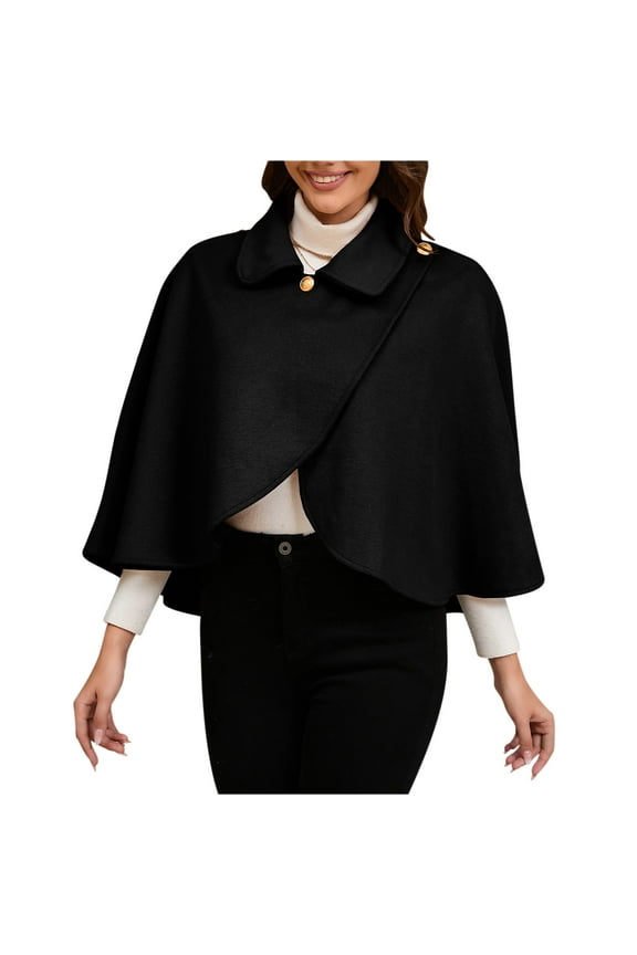 Women's Wool Blend Poncho Pea Coats One Button Lapel Fall Winter Dressy Cape Sleeve Short Cloak Black Free Size
