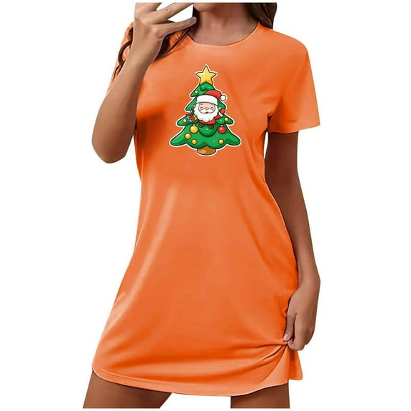 Tao Tao Women's Xmas Tree Print Nightgown Short Sleeve Sleepwear Christmas Funny Graphic Shirts Short Crewneck Nightshirts Orange XL