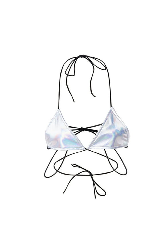 Women's Y2K PU Leather Backless Criss Cross Tie Sleeveless Halter Crop Top Dark Gray Free Size