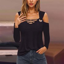 Tao Tao Womens Cold Shoulder Tops and Blouses, Long Sleeve Shirts Criss Cross Scoop Neck Tops Fall Clohtes 2025 Trendy Black M