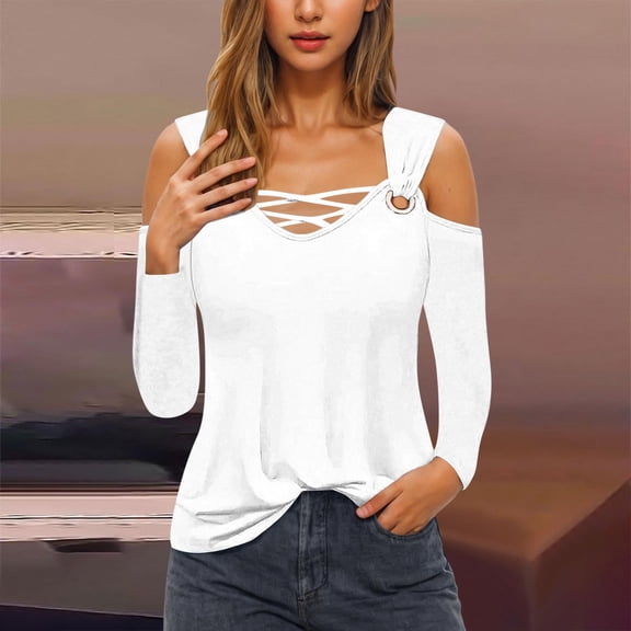 Tao Tao Womens Cold Shoulder Tops and Blouses, Long Sleeve Shirts Criss Cross Scoop Neck Tops Fall Clohtes 2025 Trendy White XL