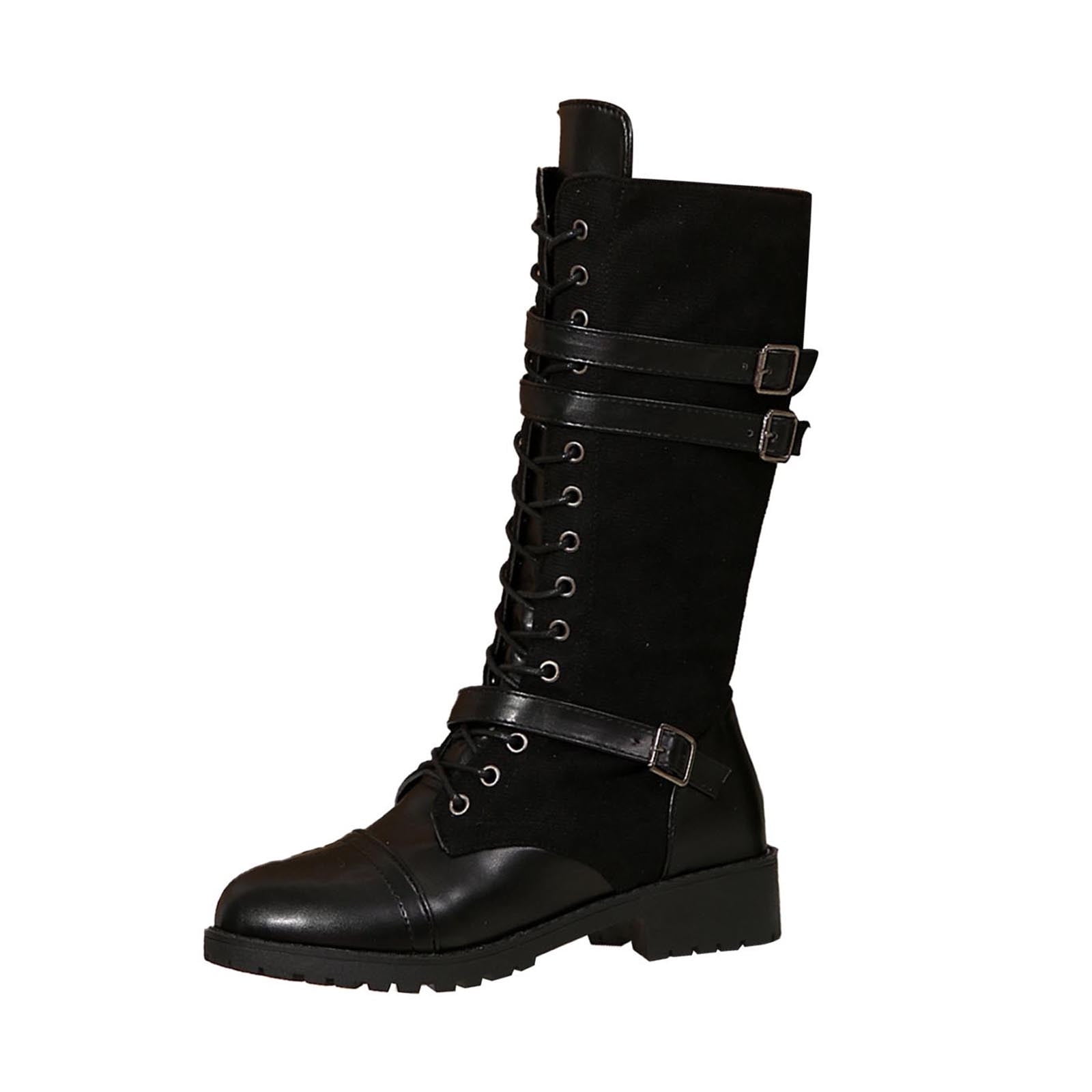 BRATTY-118 Black Vegan Leather Women's Gothic Combat Boots with Buckles