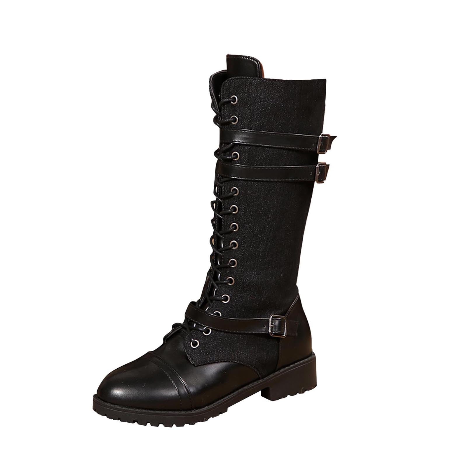Tao Tao Womens Denim Knee High Lace Up Combat Boots Buckles Skinny Calf ...