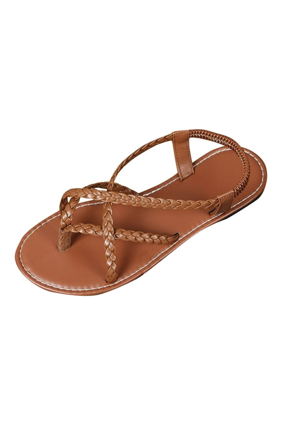 Womens Flat Sandals Braided Strappy Gladiator Thong Sandals Casual Elastic Strap Flip Flops Slingback Beach Sandals Brown 36