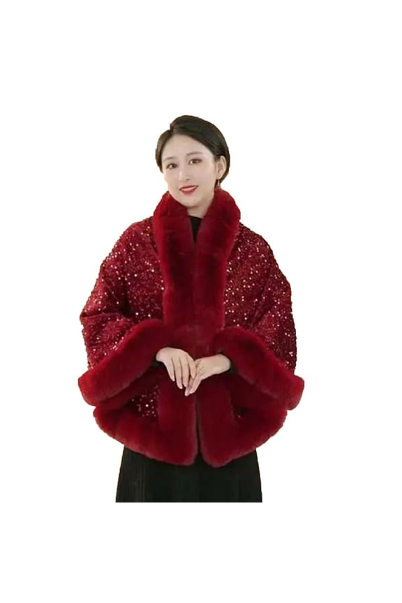 Womens Fuzzy Fleece Shawl Capes Sparkly Sequin Faux Fur Trim Poncho Luxury Elegant Open Front Wraps for Evening Party Burgundy Free Size