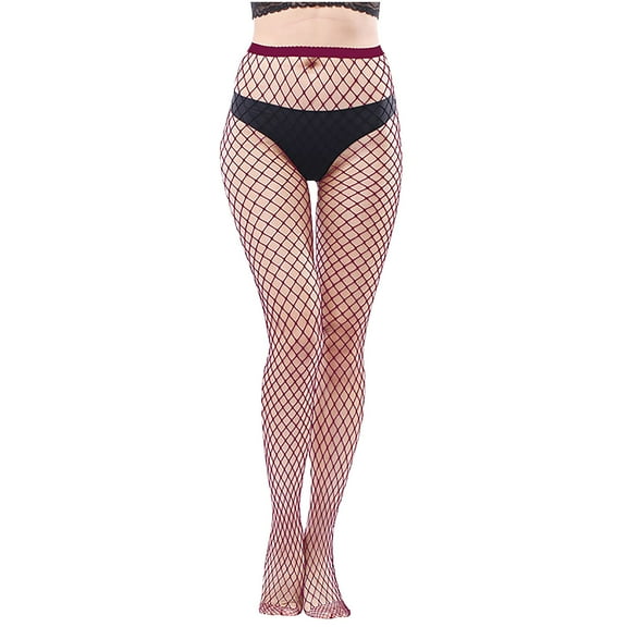 Tao Tao Womens High Waist Fishnet Tights Suspenders Pantyhose Thigh High Mesh Stockings Burgundy Free Size