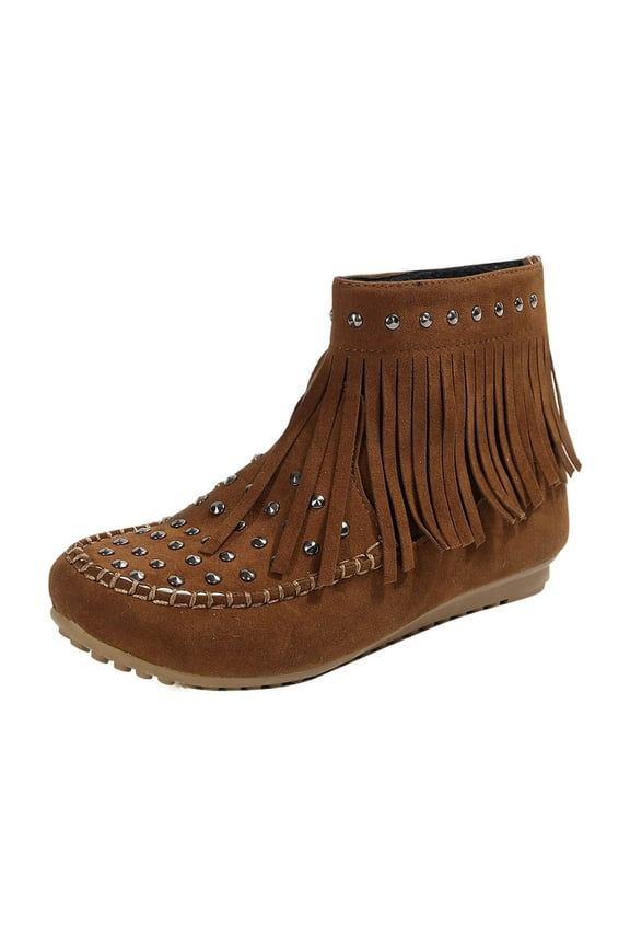 Womens Moccasins Fringe Ankle Boots Retro Suede Leather Tassel Studded Moccasins Shoes Non Slip Flat Heel Fall Winter Casual Fashion Booties With Zipper Brown 37