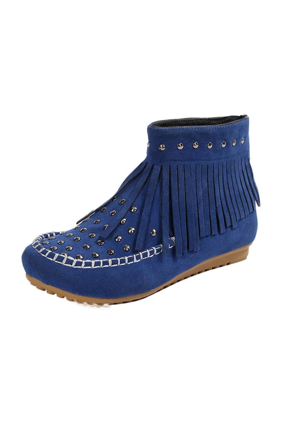Womens Moccasins Fringe Ankle Boots Retro Suede Leather Tassel Studded Moccasins Shoes Non Slip Flat Heel Fall Winter Casual Fashion Booties With Zipper Blue 40