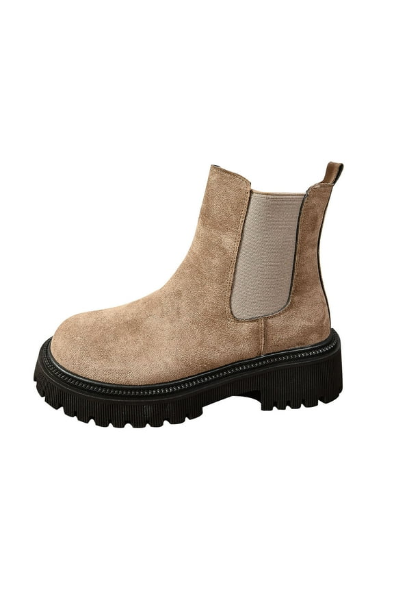 Womens Platform Chunky Low Heel Slip On Chelsea Boots Suede Elastic Ankle Boots Beige 38