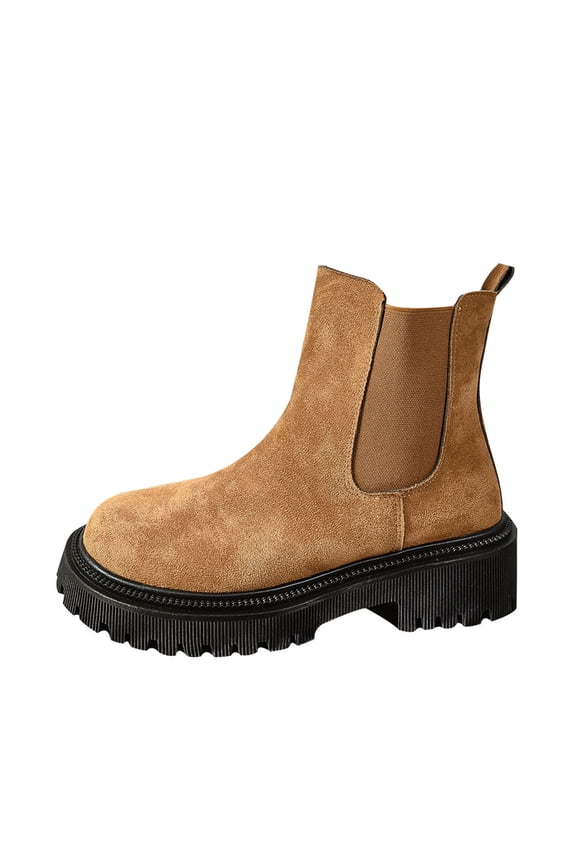Womens Platform Chunky Low Heel Slip On Chelsea Boots Suede Elastic Ankle Boots Khaki 38