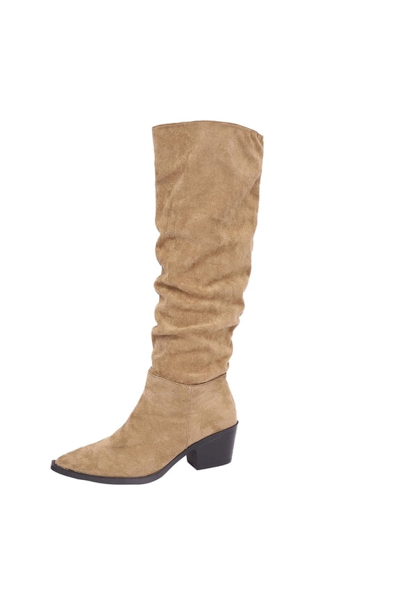 Womens Slouchy Knee High Boots Wide Calf Kitten Heel Pointed Toe Pull On Long Boots Winter Shoes Khaki 38