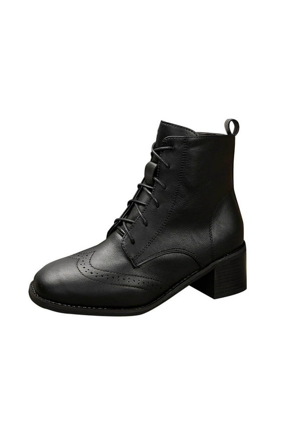 Womens Wingtip Booties Chunky Heel Ankle Boots Lace Up Round Toe Vintage Comfortable Winter Shoes Black 38