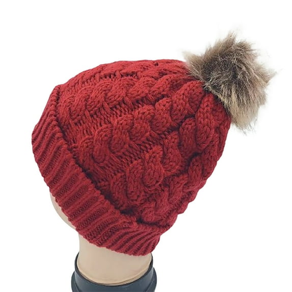 Tao Tao Womens Winter Ribbed Beanie Crossed Cap Chunky Cable Knit Pompom Soft Warm Hat Burgundy Free Size