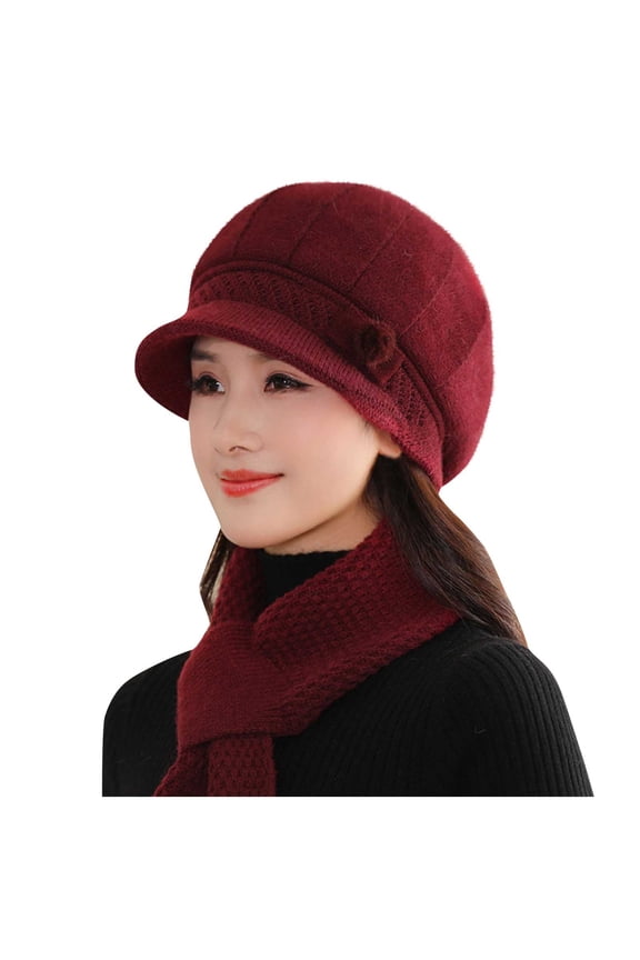 Womens Winter Warm Slouchy Hat With Brim Knit Beanie Beret Hat Skull Hat Caps With Visor Burgundy Free Size