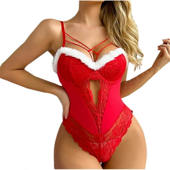 Tao Tao Xmas Clothes, White Fuzzy Trim, Criss Cross, Snap Crotch Bodysuit Red 2XL