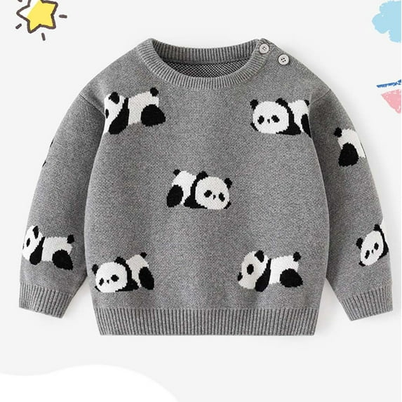 Tao Toddler Baby Boys Girls Knit Sweater Pullover Cotton Cartoon Panda Print Sweatshirt Crew Neck Long Sleeve Sweater Casual Sweater Tops Gray9 Months