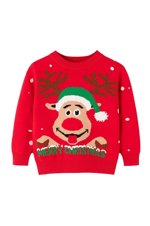 Tao Toddler Boys Girls Christmas Knitted Sweater Pullover Christmas Reindeer Elk Print Sweatshirts Tops Round Neck Long Sleeve Holiday Party SweaterRed2Years