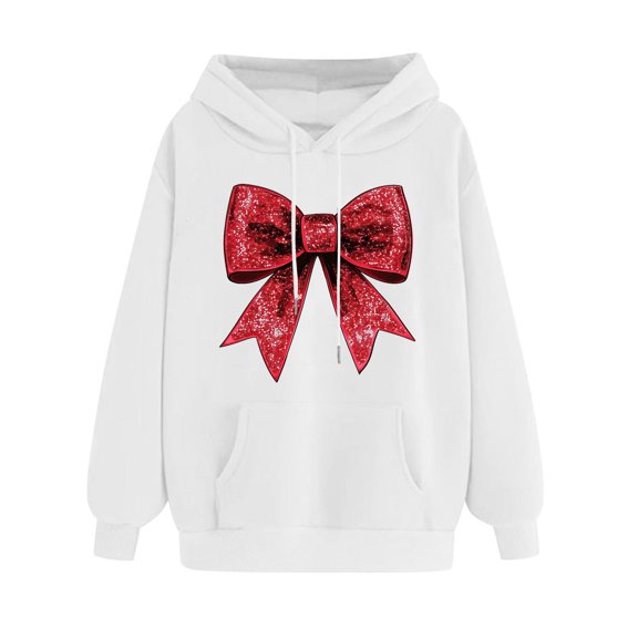 Tao Tao Valentine's Day Hoodies For Women Loose Fit Bow Printed Sweatshirt Casual Drawstring Pullover Sweatshirts With Pocket Long Sleeved Top White L