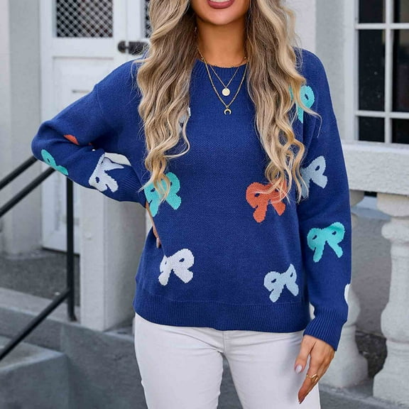 Tao Women Bow Knot Print Sweater Long Sleeve Ribbed Knit Pullover Top Crewneck Cute Fall Casual Sweaters For Women BlueM