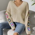 thumbnail image 1 of Tao Women Floral Crochet Long Sleeve Sweater V Neck Solid Color Casual Loose Fall Pullover Tops BeigeXL, 1 of 1